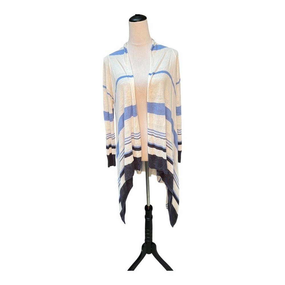 Rachel Zoe White Blue Stripe Lightweight Linen Cardigan Draped Open Front Medium